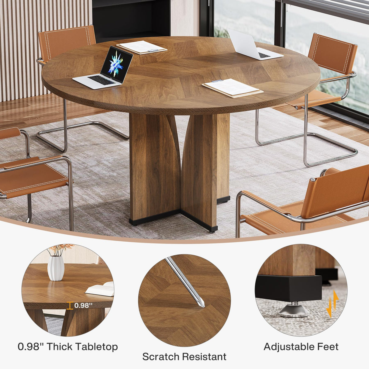 Tribesigns 39" Round Conference Table for 4, Modern Round Meeting Table with Sturdy Base, Small Compact Conference Room Tables for Office, Training, or Negotiation (Brown) Tribesigns
