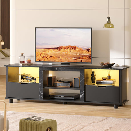 Bestier 70" Gaming Entertainment Center with Drawers, LED TV Stand for 75 Inch TV, TV Entertainment Stand for Living Room with Storage and Glass Shelves (Black Marble) Bestier