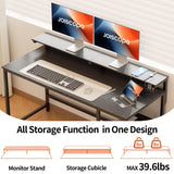 JOISCOPE Home Office Desk with Power Outlets (3AC, USB, Type-C), 60 × 20 Inch Computer Desk with Reversible Shelves, Laptop Table with Display Riser, Gaming Study Drafting Table for Bedroom, Black JOISCOPE