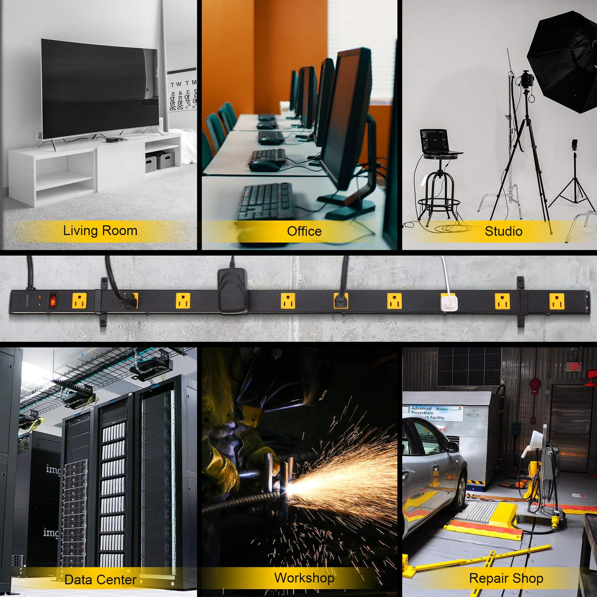 SURAIELEC 10 Outlet Long Power Strip Surge Protector, Industrial Heavy Duty Metal Shop Power Strip with Flat Plug, 1000 Joules, 15 AMP Breaker, 6FT Cord, Wall Mountable, for Work Bench, Shop, Garage SURAIELEC