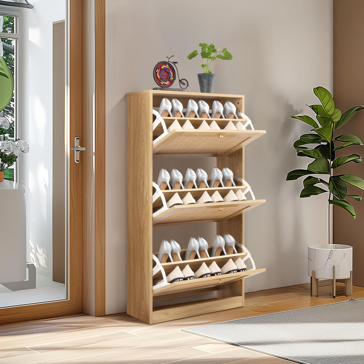 Finnhomy 3 Tier Shoe Cabinet with Natural Rattan Flip Drawers for Entryway, Free Standing Slim Shoe Storage Organizer with Large Top Board, Shoe Cabinet with Adjustable Width Drawers, Natural Finnhomy