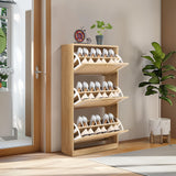 Finnhomy 3 Tier Shoe Cabinet with Natural Rattan Flip Drawers for Entryway, Free Standing Slim Shoe Storage Organizer with Large Top Board, Shoe Cabinet with Adjustable Width Drawers, Natural Finnhomy