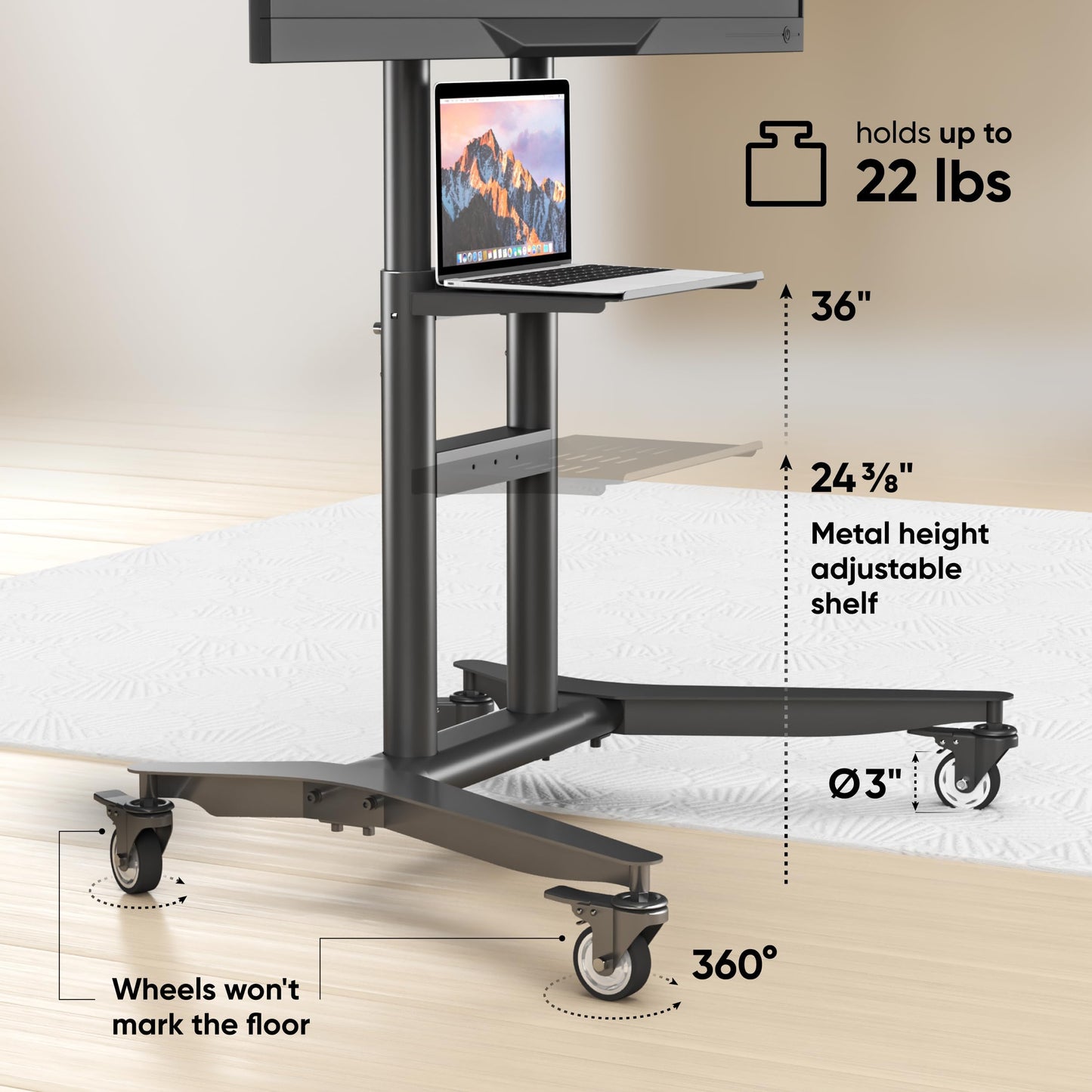 ONKRON Mobile TV Stand on Wheels for 55-90 Inch TV up to 198 lbs, Height Adjustable TV Stand Portable 200x200-800x600 VESA Mobile TV Cart Rolling TV Stand with Shelf/TV Movable Stand Black