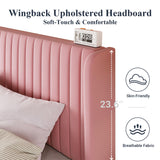 Allewie Queen Size Velvet Bed Frame/Vertical Channel Tufted Wingback Headboard/Upholstered Platform Bed/Strong Wooden Slats/No Box Spring Needed/Easy Assembly/Pink Allewie