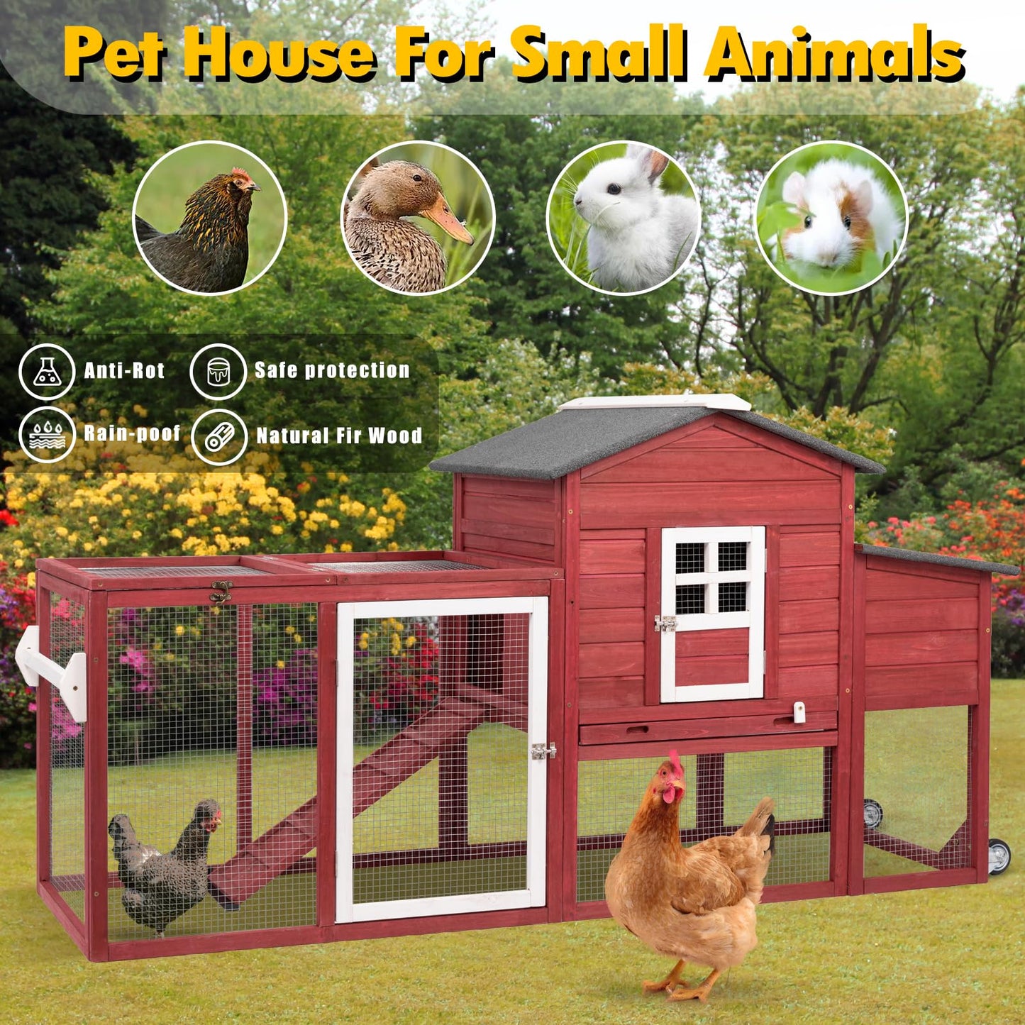 Ketive Wooden 79" Chicken Coop with Wheels Asphalt Roof Nest Boxes Pull-Out Trays - All Solid Wood and Galvanized Wire Mesh Chicken House Against Snakes, Weasels - WoodArtSupply