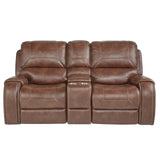 Roundhill Furniture Achern Brown Leather-Air Nailhead Manual Reclining Sofa and Loveseat with Storage Console and USB Port Roundhill Furniture