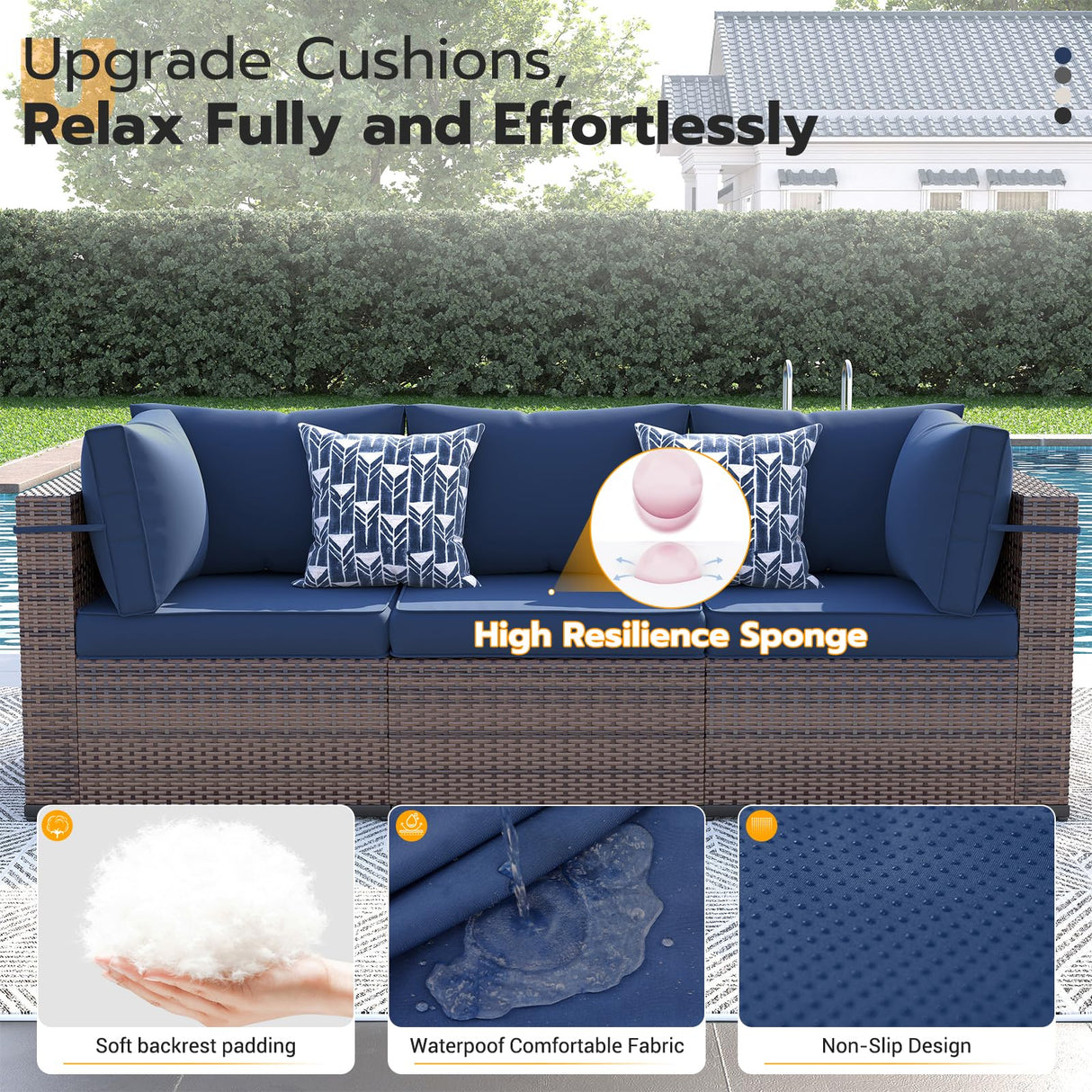 UDPATIO Patio Furniture Set, 7 Piece Outdoor Sectional Sofa, Modular Wicker Outdoor Furniture Conversation Sets with Waterproof Cover for Backyard Deck(Brown/Navy Blue) UDPATIO