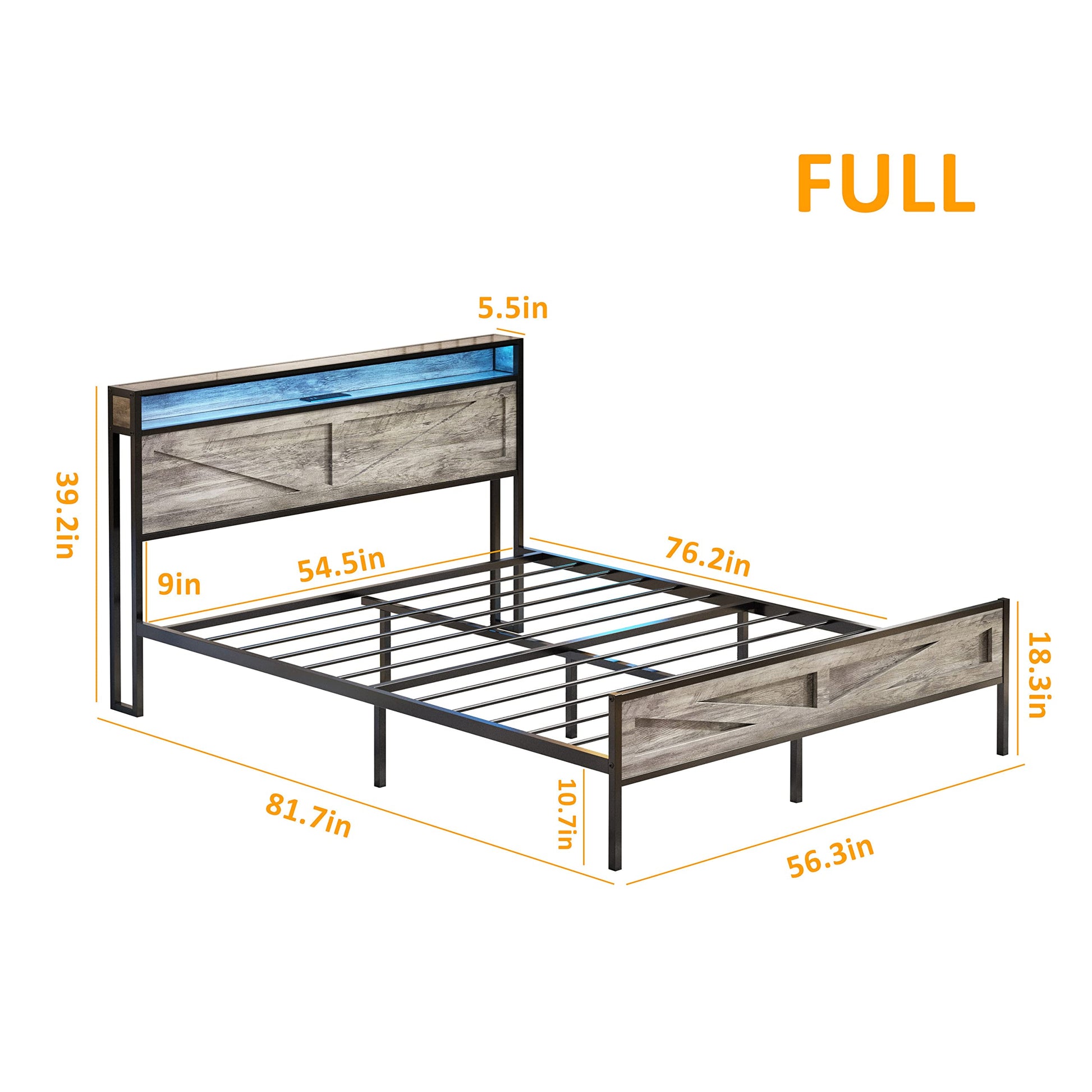 Halitaa LED Full Size Bed Frame with Charging Station, Platform Metal Headboard Storage & USB Ports Outlets, Farmhouse Lights for Bedroom, Noise Free, Wash Grey (Full) - WoodArtSupply