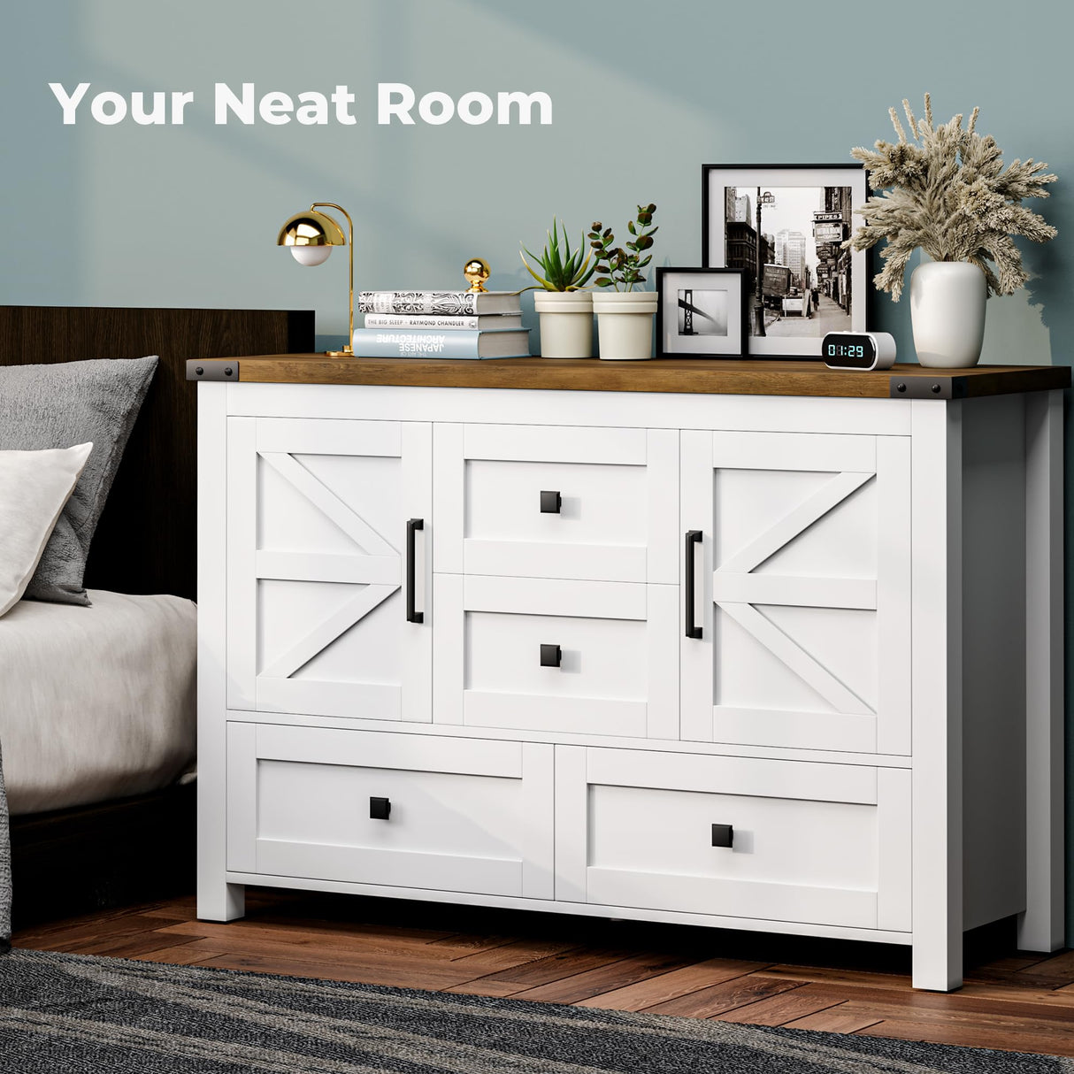 VVFLU Farmhouse White Dresser for Bedroom with 4 Drawers and 2 Barn Doors, White Wood Chest of Drawers 47 Inch Wide, Large, Long, Adjustable Shelves, 5 Legs, Living Dining Room, Entryway, Hallway VVFLU