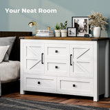 VVFLU Farmhouse White Dresser for Bedroom with 4 Drawers and 2 Barn Doors, White Wood Chest of Drawers 47 Inch Wide, Large, Long, Adjustable Shelves, 5 Legs, Living Dining Room, Entryway, Hallway VVFLU