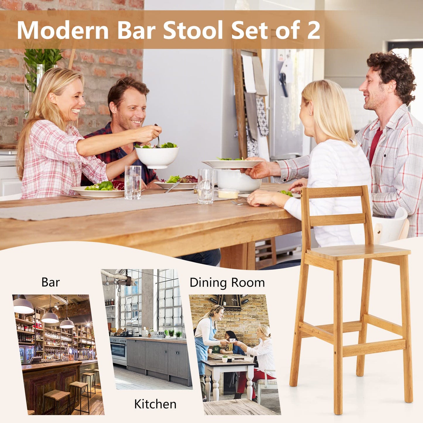 COSTWAY Bar Stools for Kitchen Island Set of 2, Rubber Wood Armless Bar Chairs with Back, Comfortable Footrest& Felt Foot Pads, for Kitchen Bar, Natural (2)