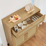 Iwell Storage Cabinet with Rattan Doors, Rattan Cabinet with Large Drawer & Adjustable Shelf, Accent Cabinet for Kitchen, Dining Room, Living Room, Entryway, Natural Iwell