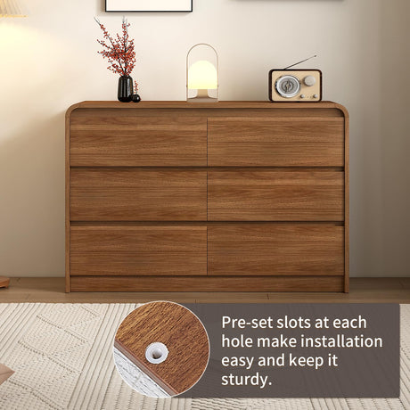 Modern 6 Drawer Dresser, 47-Inch Wood Chest of Drawers, Curved Anti-Collision Design, Mid-Century Storage Cabinet, Pre-Embedded Slots, Natural Texture, for Bedroom, Living Room, TV Stand, Nursery Messenya