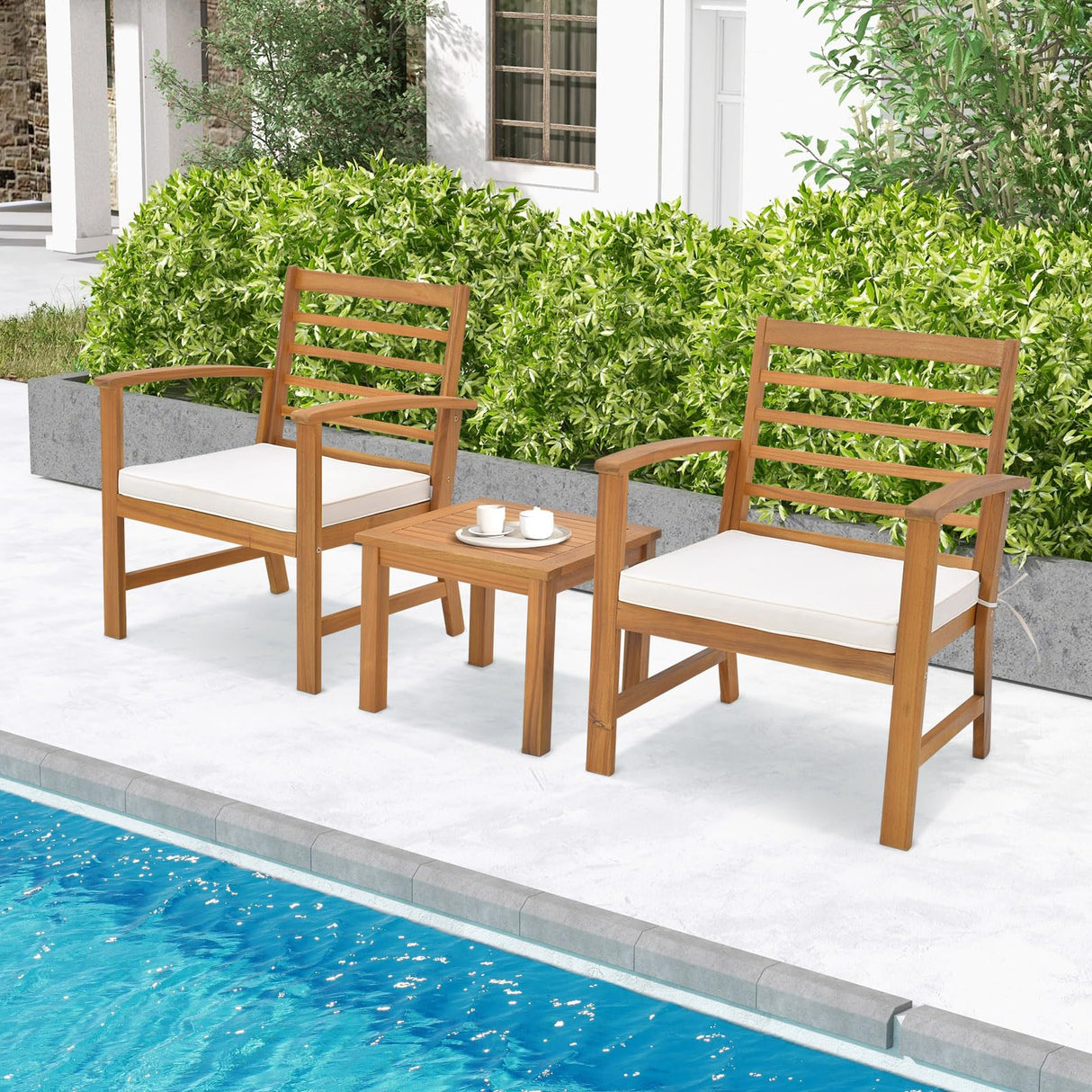 Tangkula 3 Pieces Outdoor Furniture Set, Acacia Wood Conversation Set with Soft Seat Cushions, Stable Acacia Wood Frame, Patio Sofa & Coffee Table Set for Backyard, Porch, Poolside (White) Tangkula