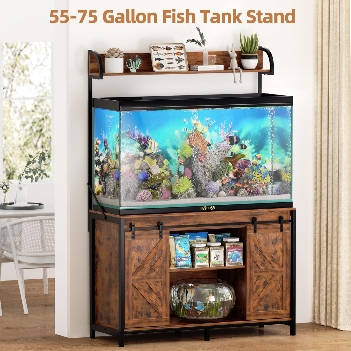 SYESWAY 55-75 Gallon Fish Tank Stand with Power Outlets, Heavy Duty Metal Frame Aquarium Stand with Barn Door, Turtle Reptile Terrariums Stand, 1000LBS Capacity, Brown SYESWAY