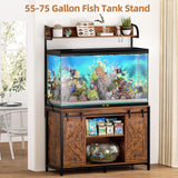 SYESWAY 55-75 Gallon Fish Tank Stand with Power Outlets, Heavy Duty Metal Frame Aquarium Stand with Barn Door, Turtle Reptile Terrariums Stand, 1000LBS Capacity, Brown SYESWAY