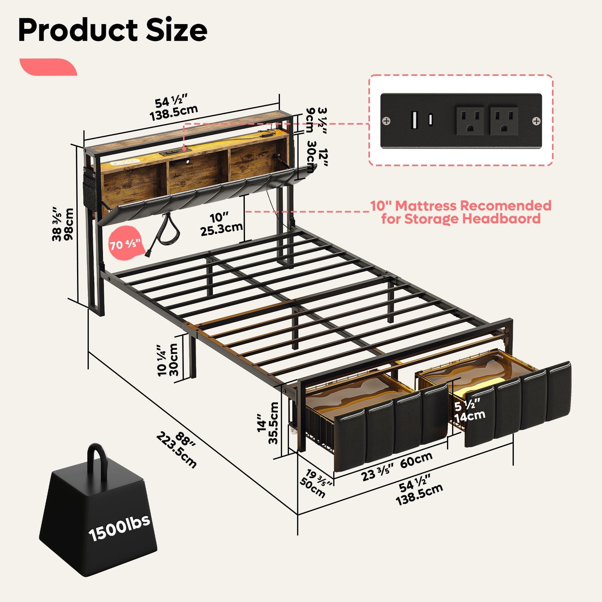 Bestier Rustic Brown Full Bed Frame with Hidden Storage Headboard and LED Lights - WoodArtSupply