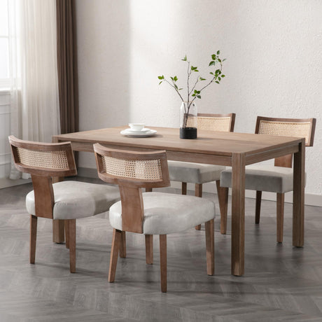 BESTANO Rattan Farmhouse Dining Chair Set of 4, Faux Leather Upholstered Cane Dining Chair with Curved Backrest and Natural Wood Legs, Mid Century Modern Dining Chairs Armless Side Chair, Grey BESTANO