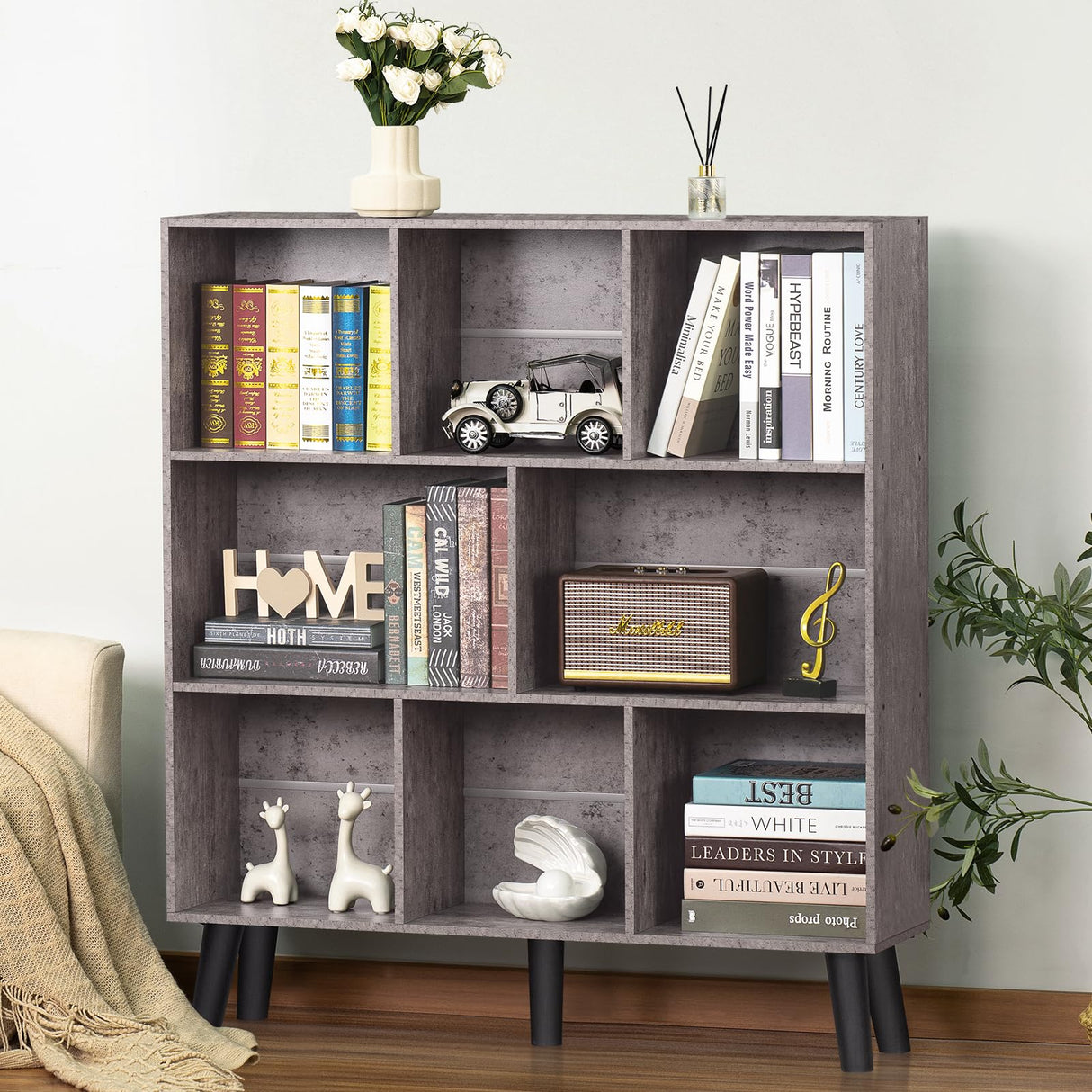 LEYAOYAO 8 Cube Bookshelf,Farmhouse Bookcase with Legs,Modern Dirty Grey Mid-Century Bookshelves,Large 3 Tier Open Storage Organizer Shelf, Retro Wood Display Book Case LEYAOYAO