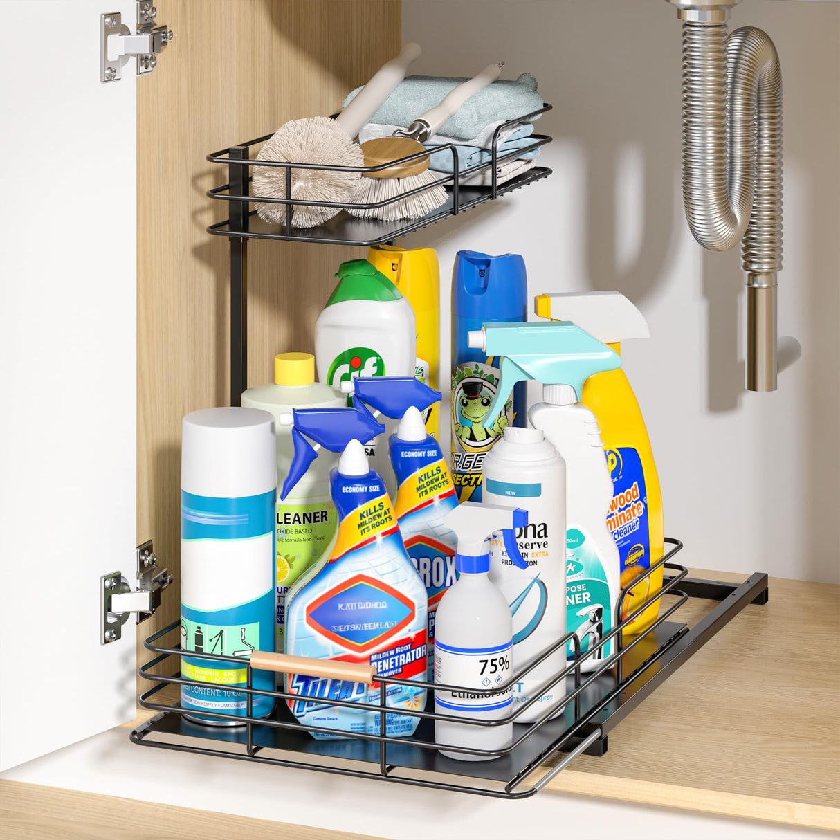 LAMU Under Sink Organizers and Storage, 2 Tier Bathroom Kitchen Cabinet Organizers, Pull Out Under Sink Storage Kitchen Shelf Organizer for Under Counter Storage LAMU