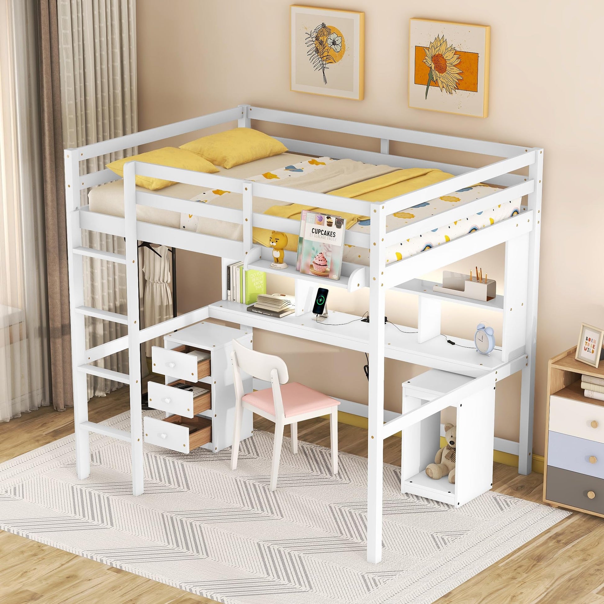 White Full Size Loft Bed with Desk, Storage, LED Lights, and Charging Station - WoodArtSupply