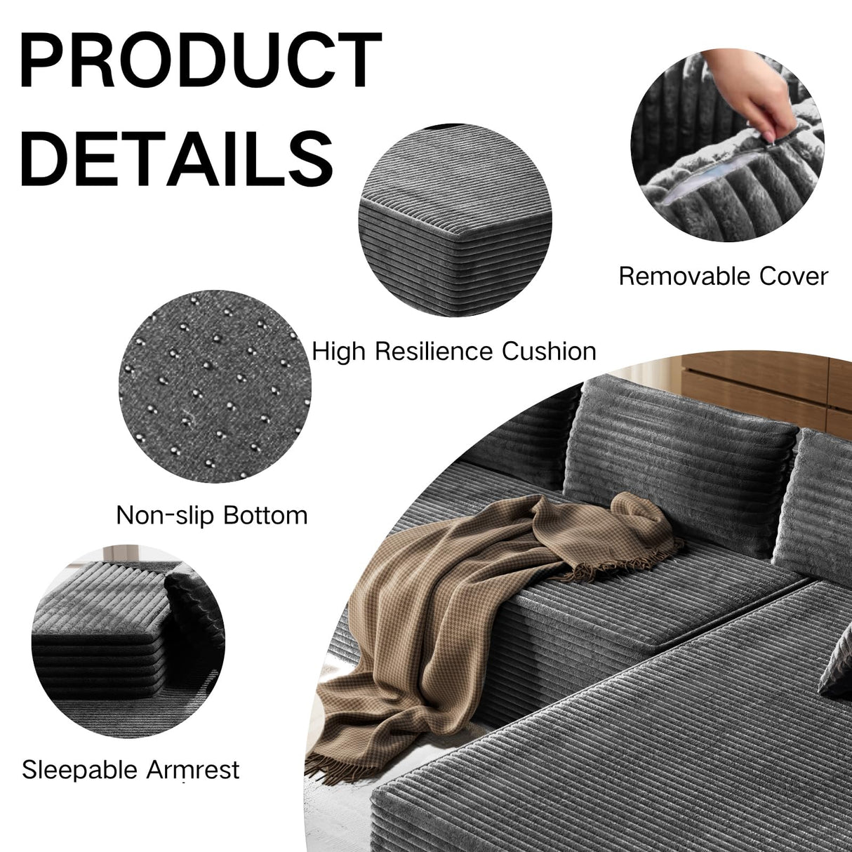 AreShark 105.5" Modular Sectional Sofa L-Shape, Modular Cloud Sofa with Deep Seat for Living Room Bedroom, Upholstered Couches No Assembly Required (Gray Right Facing Chaise) AreShark