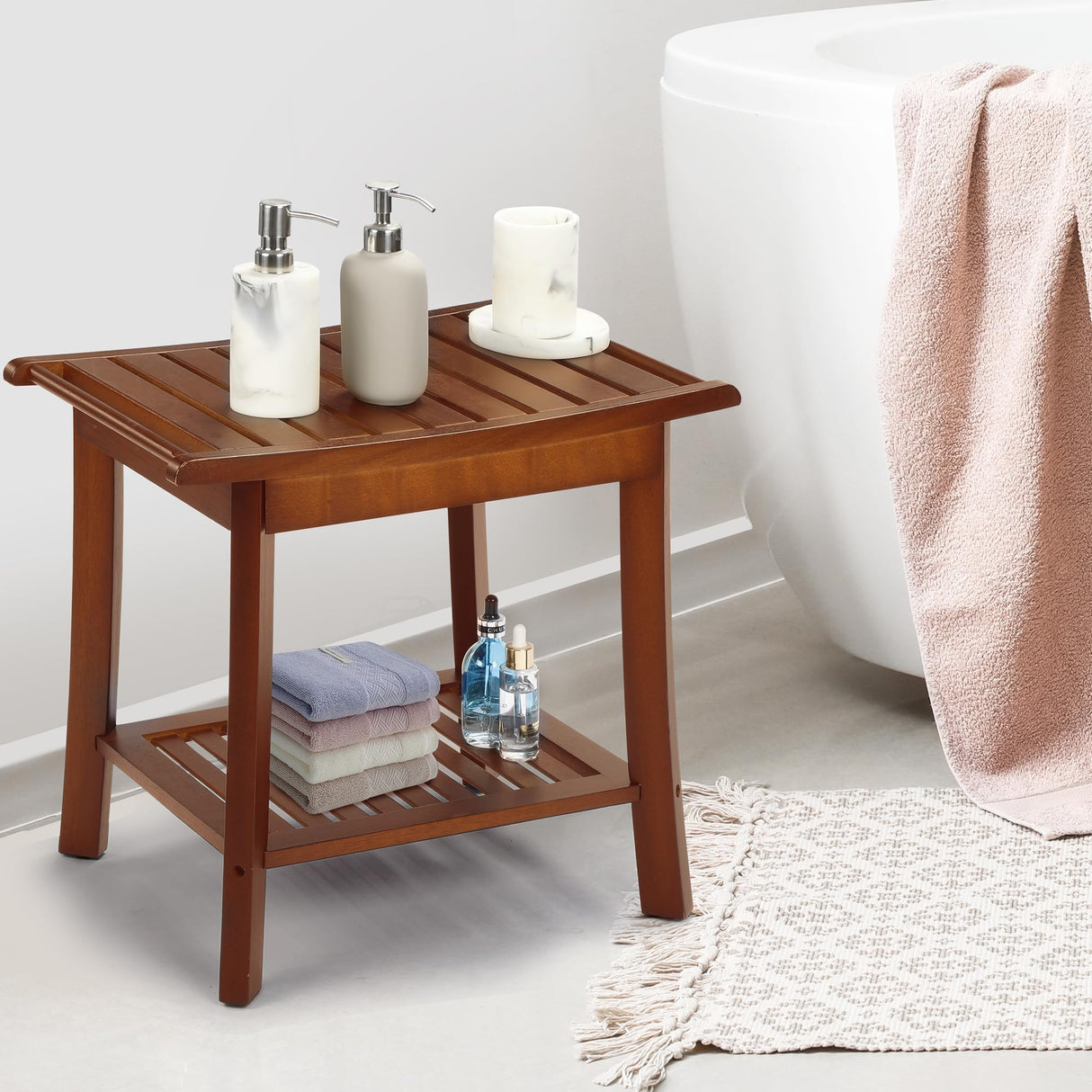 Rengue Teak Shower Bench for Inside 2-Tier Wood Shower Chair with Storage and Towel Rack Waterproof Shower Stool Bathroom Shower Seats 23.7 x 12.9 x 18.4 Inch Rengue
