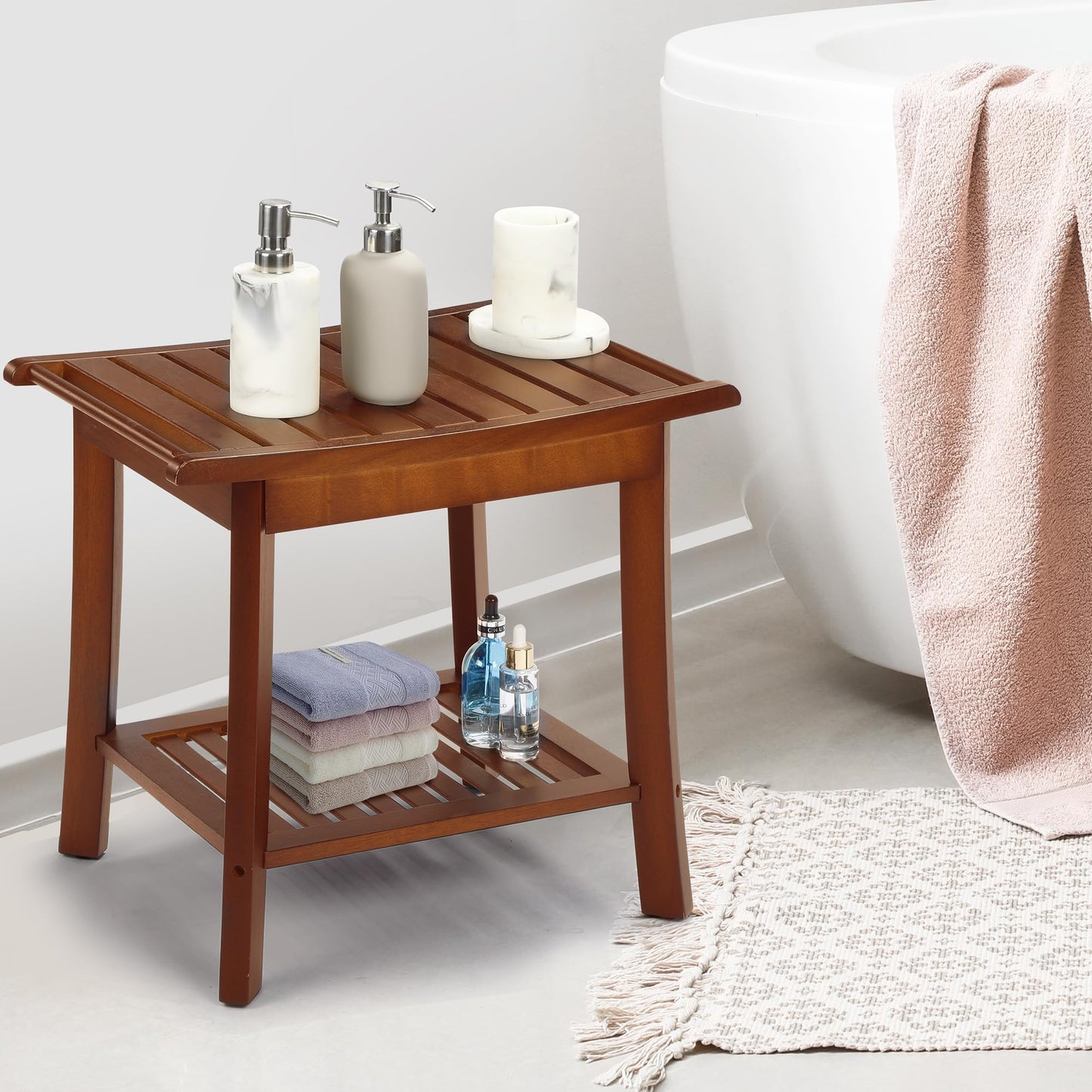 Rengue Teak Shower Bench for Inside 2-Tier Wood Shower Chair with Storage and Towel Rack Waterproof Shower Stool Bathroom Shower Seats 23.7 x 12.9 x 18.4 Inch - WoodArtSupply