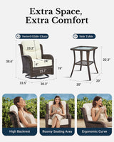 Luxury Outdoor Swivel Rocker Chairs High Back, 3 Piece Patio Rocking Chairs with Thick Cushions, Oversized Bistro Set with Small Side Table, for Porch, Outside, Pool, Deck, Yard, Garden (Rice White) HILLGA