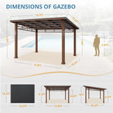 LUE BONA 12x14 Hardtop Gazebo, Outdoor Pergola Metal Roof Gazebo with Wooden Frame, Patio Gazebo Canopy with Curtains, Permanent Pavilion Grill Gazebo for Deck, Patio, Backyard, Garden LUE BONA