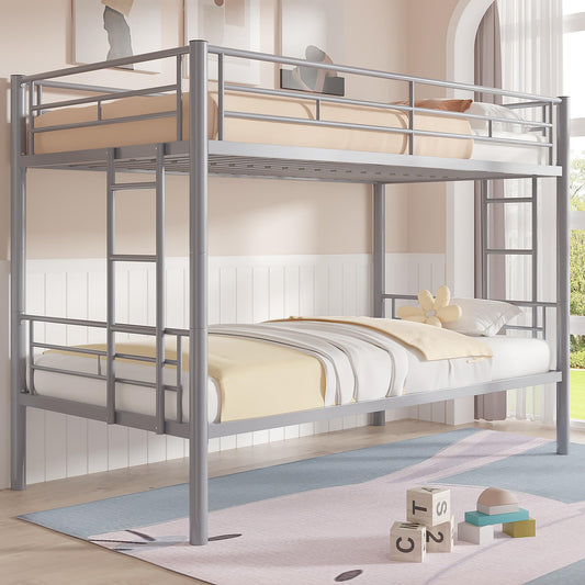 VECELO Metal Bunk Bed Twin Over Twin, Industrial Bunkbeds with Ladder and Full-Length Guardrail, Noise Free, No Boxing Spring Needed, Grey