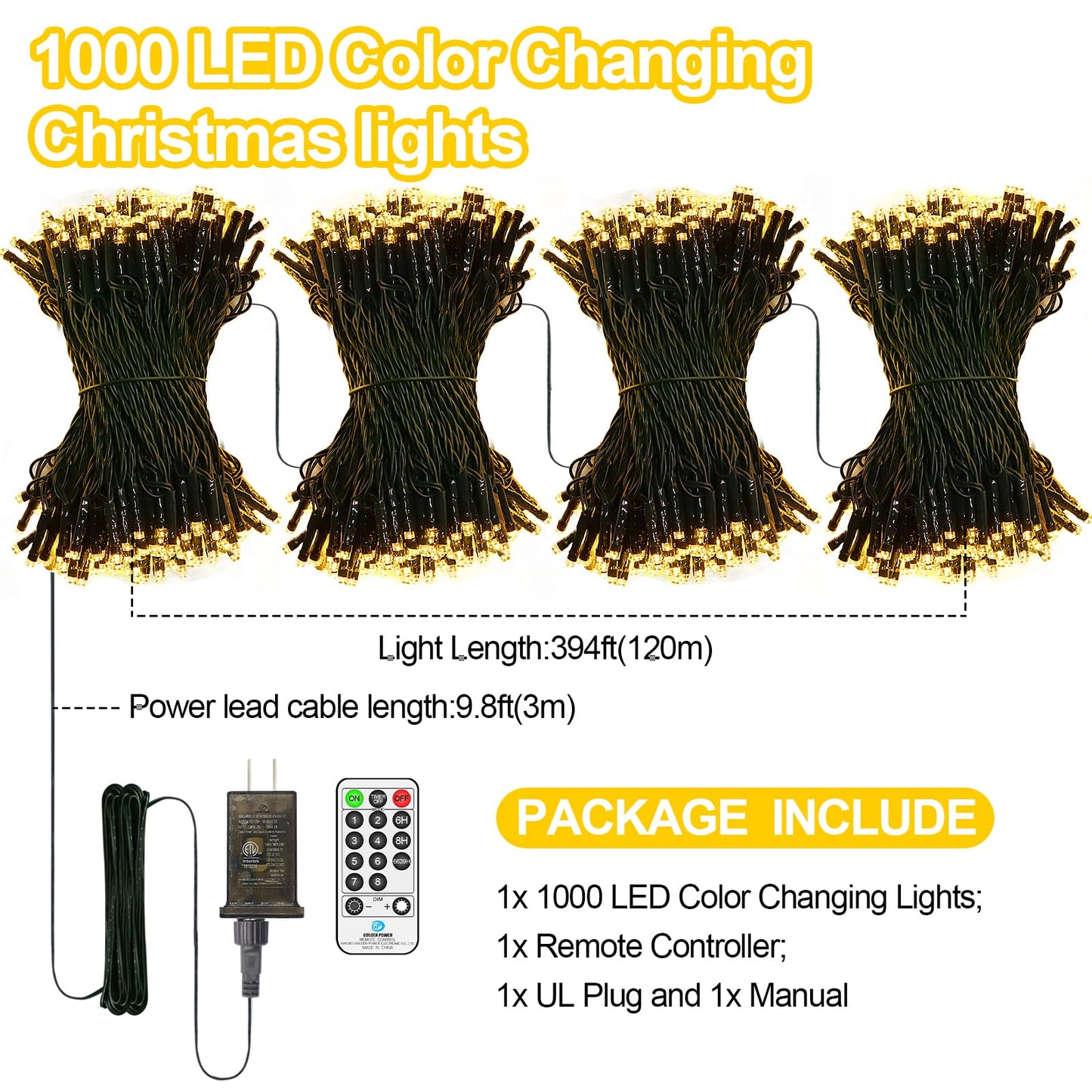 394FT 1000 LED Christmas Lights Outdoor String Lights 8 Modes & Timer Fairy Lights Plug in Waterproof LED String Lights for Xmas Yard Tree Patio Wedding Holiday Party Decorations (Warm White)