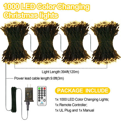 394FT 1000 LED Christmas Lights Outdoor String Lights 8 Modes & Timer Fairy Lights Plug in Waterproof LED String Lights for Xmas Yard Tree Patio Wedding Holiday Party Decorations (Warm White)