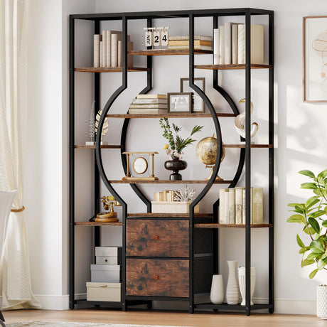 DWVO 6-Tier Bookshelf, Etagere Bookcase w/2 Drawers & 12 Open Shelf, Wood and Metal Book Shelf Storage Organizer, Industrial Display Shelf Unit for Study Living Room Bedroom Home Office, Rustic Brown DWVO