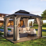 COSIEST 10x12FT Cedar Wood Gazebo, Outdoor Hardtop Gazebo with 2-Tier Galvanized Steel Roof, Netting & Curtains, Wooden Gazebo Pavilion for Patio Backyard Deck Lawn COSIEST