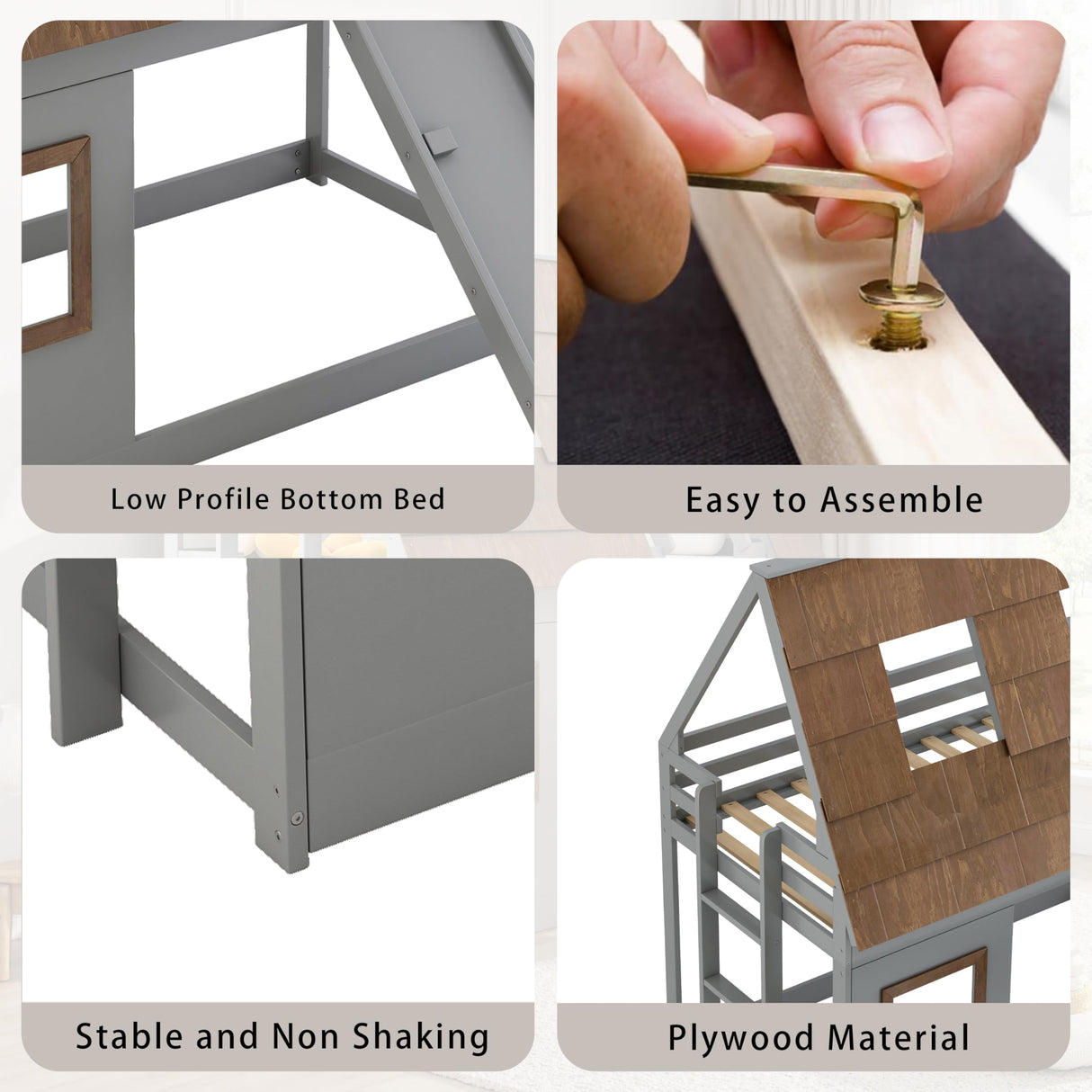 DGSPVCT Twin Over Twin House Bunk Bed for Kids, Wood Bunk Bed Frame with Window Roof Design and Guardrail, Montessori Floor Bunk Bed Frame with Climbing Ramp & Ladder, for Boys Girls, Gray DGSPVCT