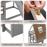 DGSPVCT Twin Over Twin House Bunk Bed for Kids, Wood Bunk Bed Frame with Window Roof Design and Guardrail, Montessori Floor Bunk Bed Frame with Climbing Ramp & Ladder, for Boys Girls, Gray DGSPVCT