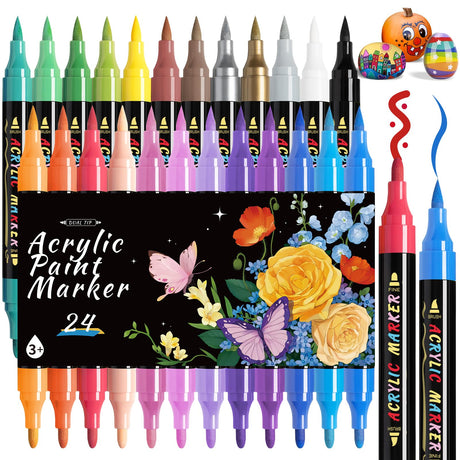 Dual Tip Acrylic Paint Markers, 24 Colors Paint Pens with Fine Tip and Brush Tip Pens, Acrylic Paint Pens for Paper, Pottery, Stones, Backpacks, Glass, Eggs, Fabrics, Plastics, handicrafts pindda