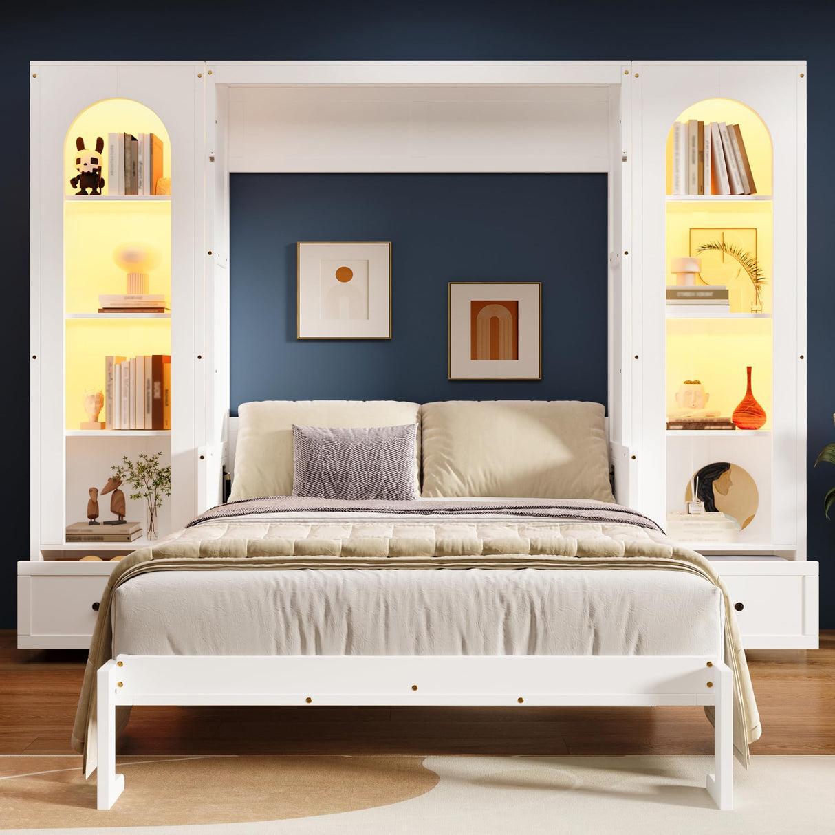 Hlcodca French Style Queen Size Murphy Bed with LED Lights & Storage Shelves - Wall Bed with Bookshelves, Drawers and Desk Space (White2) Hlcodca