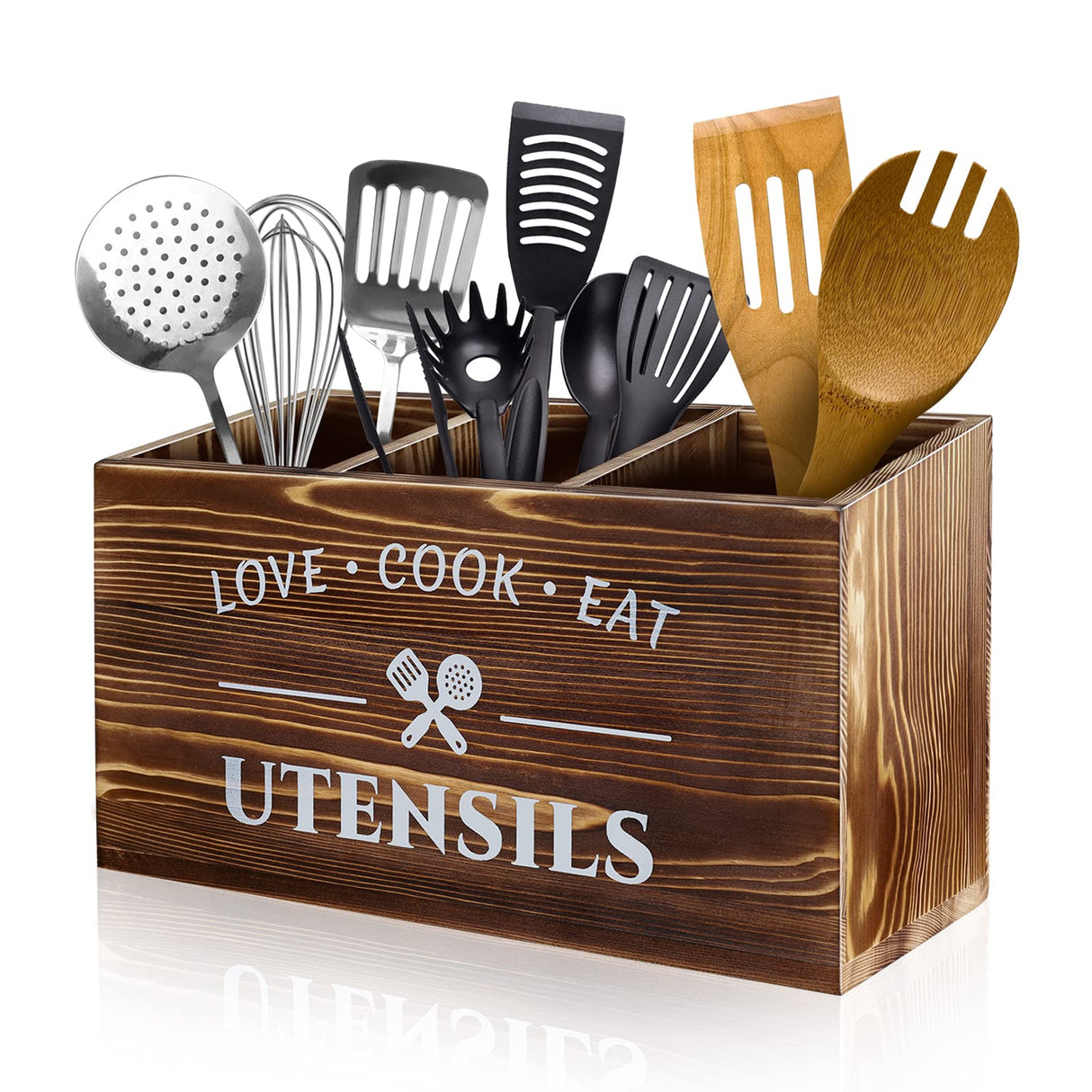 MINCORD Brown Utensil Holder Rustic Utensil Caddy Utensil Crocks with 3 Compartments for Kitchen Counter, Farmhouse Wood Flatware Utensil Organizer Storage Box for Silverware Fork Spoon Spatula MINCORD