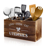 MINCORD Brown Utensil Holder Rustic Utensil Caddy Utensil Crocks with 3 Compartments for Kitchen Counter, Farmhouse Wood Flatware Utensil Organizer Storage Box for Silverware Fork Spoon Spatula MINCORD