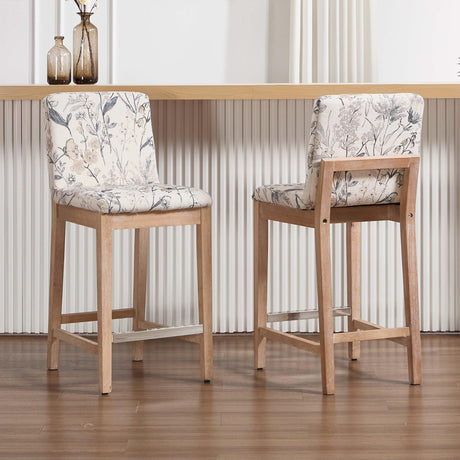 Kmax 26 Inch Bar Stools Set of 2, Farmhouse Upholstered Bar Stools with Back Support Rustic Wooden White Armless Barstools for Bar Club Pub - Linen, Floral Pattern Kmax