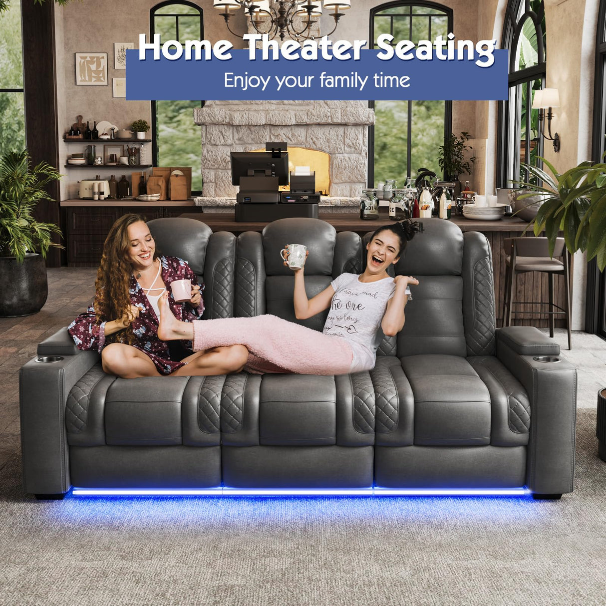 Jocisland Home Theater Seating, Dual Motor Movie Loveseat Leather Recliner with USB & Wireless Charging, 3 Seats Sofa Chair for Media Room w/Electric Headrest, LED Light,Fold Down Table,4 Cup Holders Jocisland