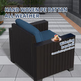 7 Piece Patio Furniture Set, Wicker Outdoor Sectional Sofa with Washable Cushion Covers and Tempered Glass Table, Rattan Conversation Set for Poolside (Black Rattan + Prussian Blue, 7 pcs) SHGJ&SOFT