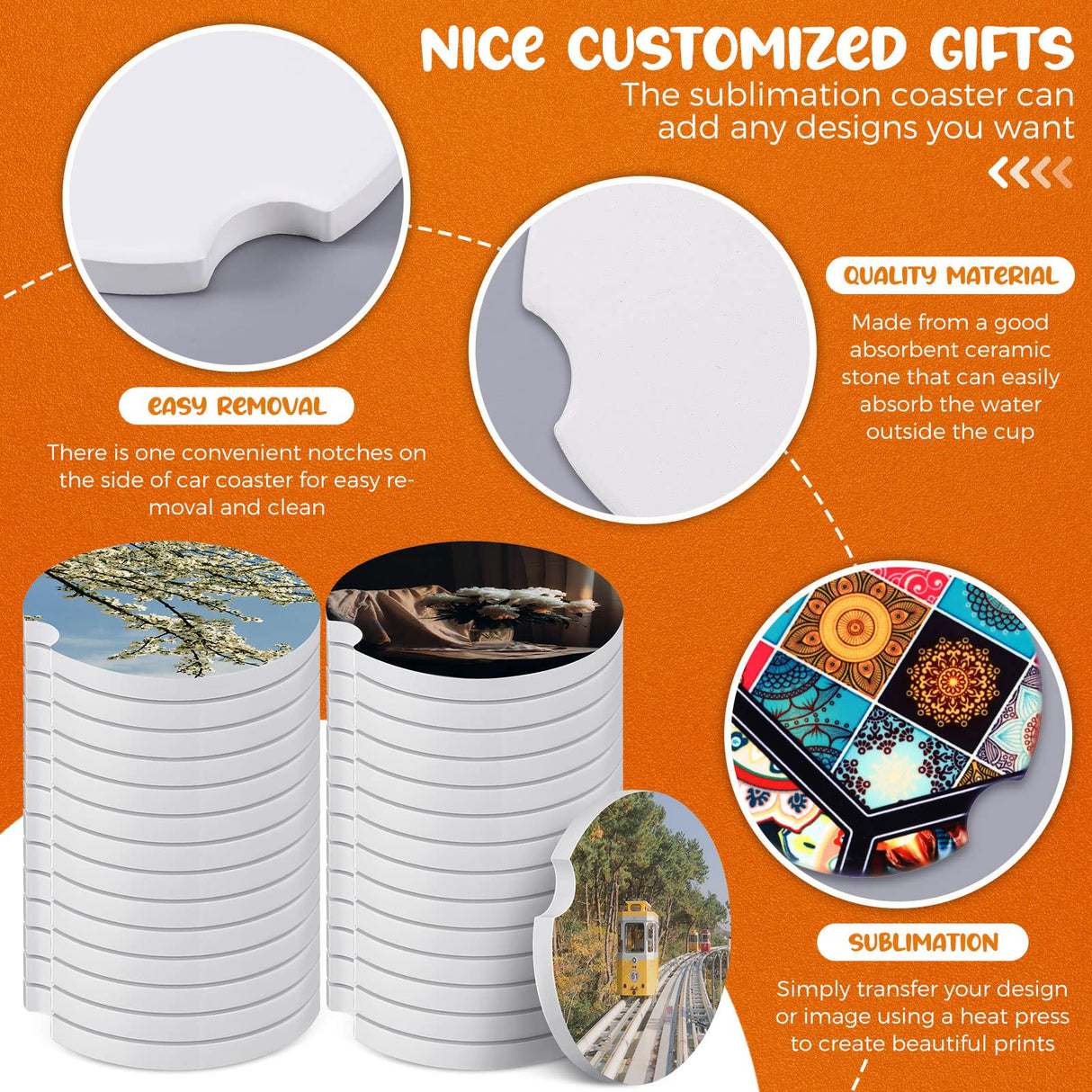 Ceramic Car Sublimation Blanks Cupholders Sandstone for Car Cup with Finger Notch for Easy Removal Car Ceramic Auto Cupholder Keep Vehicle from Cold Drink Sweat Stain Spill (100 Pieces) Frienda