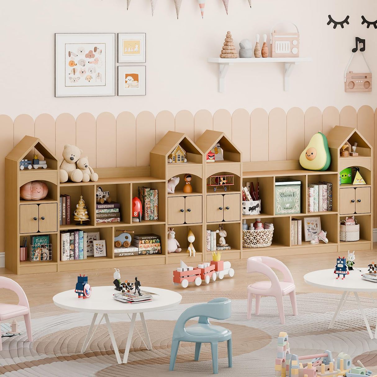 Vabches Castle Shape Children's Bookshelf, Kids Bookcase Display Case Kids Toy Storage Organizer Multifunctional Storage Cabinet Bookshelf Suitable for Playroom, Children's Room, Living Room, Oak Vabches