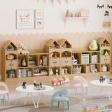 Vabches Castle Shape Children's Bookshelf, Kids Bookcase Display Case Kids Toy Storage Organizer Multifunctional Storage Cabinet Bookshelf Suitable for Playroom, Children's Room, Living Room, Oak Vabches