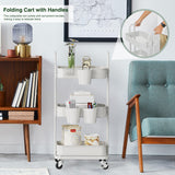 DTK 3 Tier Foldable Rolling Cart, Metal Utility Cart with Lockable Wheels, Folding Storage Trolley, 3 Small Baskets and 6 Hooks for Living Room, Kitchen, Bathroom, Bedroom and Office, White DTK