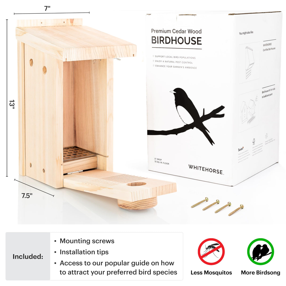 WHITEHORSE Bird Houses for Outside - Weatherproof Bird House for Outdoors - Cedar Bluebird House Built to NABS Specs - Nest Box for Bluebirds, Chickadees, Titmice, Wrens, Nuthatches & More (15” Floor) WHITEHORSE