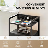 Night Stand Bedside Table Bedroom - Nightstand with Charging Station & LED Light Strip, Bed Side Table with Storage Shelf & 2 Fabric Drawers for Dorm, End Table with U-S-B Ports & AC Outlets, Black Lazzanto